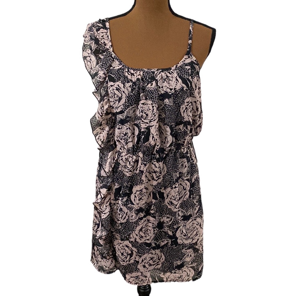Guess floral print ruffled strap cinched elastic waist chiffon mini dress size M